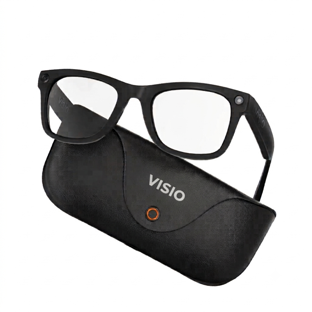 VISIO smart glasses resting on their leather carry case